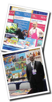 Image of two pictures, each with an exhibitor at a conference